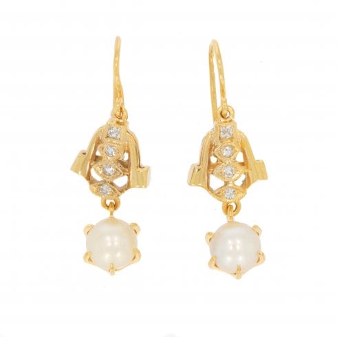Vintage 9ct Gold Pearl & Diamond Drop Earrings