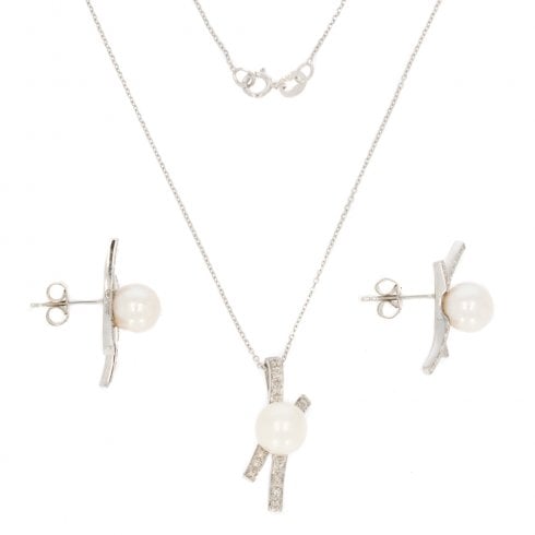 Vintage Cultured Pearl & Diamond Pendant and Earring Set