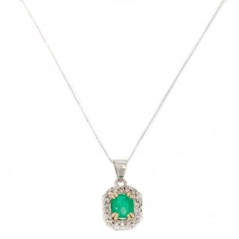 Vintage Emerald & Diamond Cluster 9ct White Gold Pendant