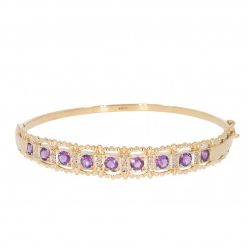Vintage Gold Amethyst & Diamond Hinged Bangle