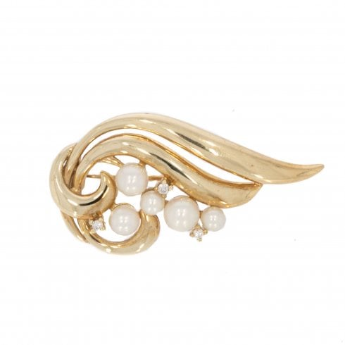 Vintage Gold Cultured Pearl & Diamond Bar Brooch