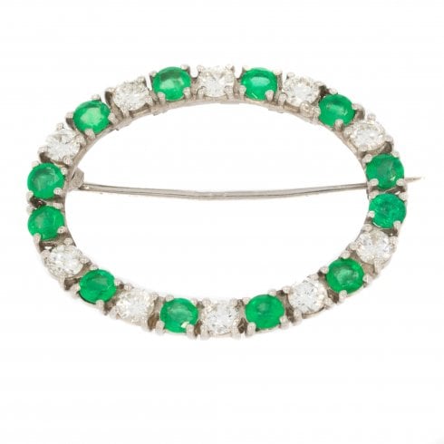 Vintage Gold Emerald & Diamond Oval Brooch