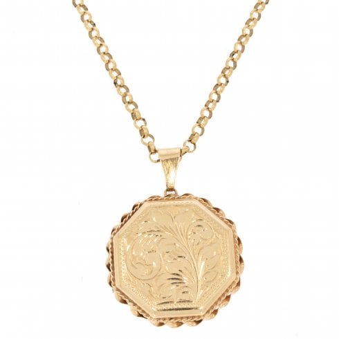Vintage Gold Engraved Locket Pendant & Curb Chain