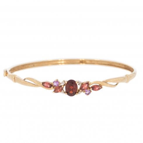 Vintage Gold Garnet, Diamond & Amethyst Bangle