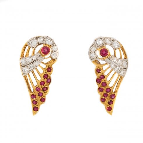 Vintage Gold Ruby & Diamond Angel Wing Earrings