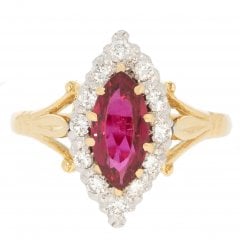 Vintage Gold Synthetic Ruby & Diamond Cluster Ring
