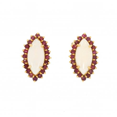 Vintage Opal & Ruby Cluster Clip On Earrings