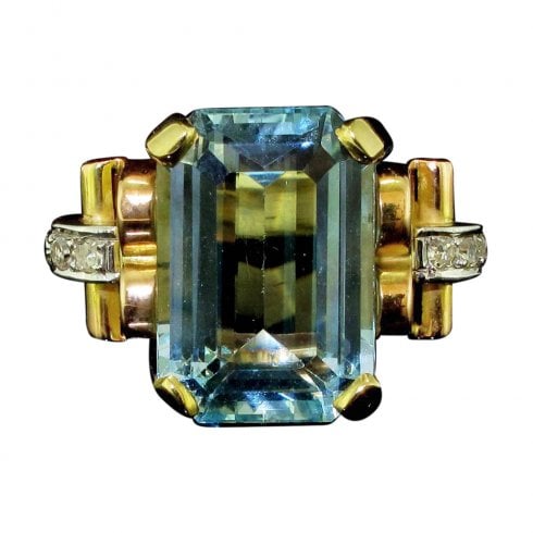 Vintage Rose Gold Aquamarine and Diamond Ring Circa 1950
