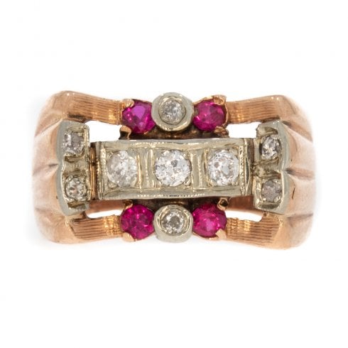 Vintage Rose Gold Diamond and Synthetic Ruby Tank Ring