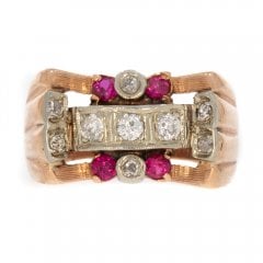 Vintage Rose Gold Diamond and Synthetic Ruby Tank Ring