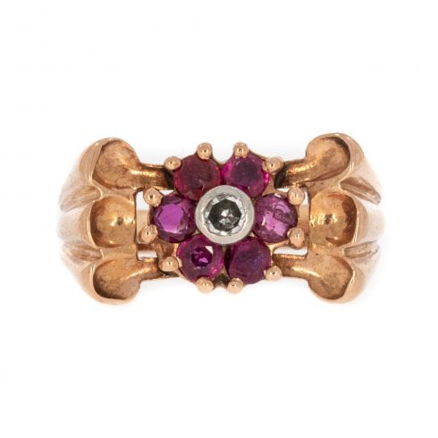 Vintage Rose Gold Ruby And Diamond Tank Ring Circa 1950