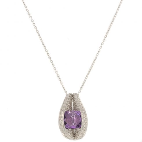 Vintage White Gold Amethyst And Diamond Pendant Necklace