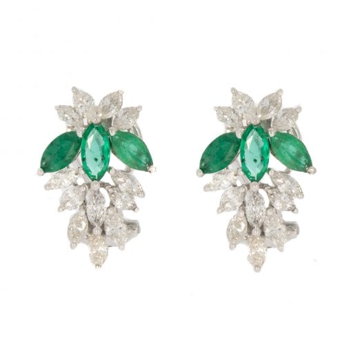 Vintage White Gold Emerald & Diamond Cluster Earrings