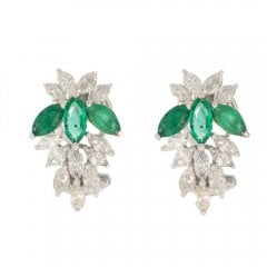 Vintage White Gold Emerald & Diamond Cluster Earrings