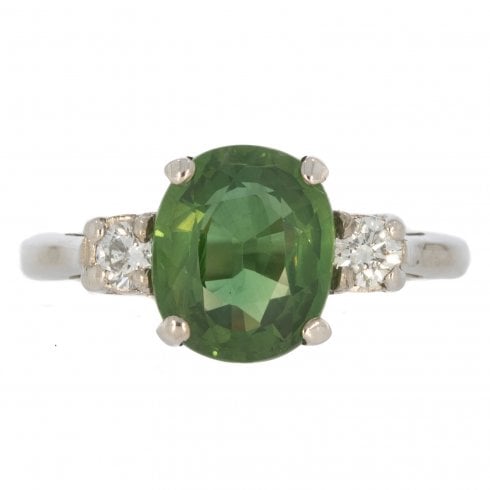 Vintage White Gold Green Tourmaline and Diamond Three Stone Ring