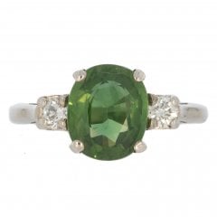 Vintage White Gold Green Tourmaline and Diamond Three Stone Ring
