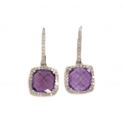 White Gold Amethyst & Diamond Drop Earrings