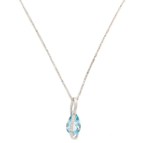 White Gold Blue Topaz & Diamond Drop Pendant