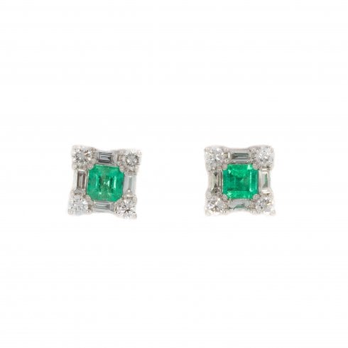 White Gold Emerald & Diamond Cluster Earrings