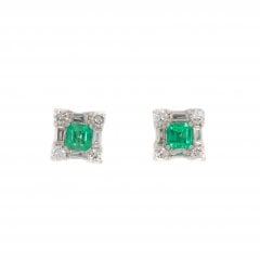 White Gold Emerald & Diamond Cluster Earrings