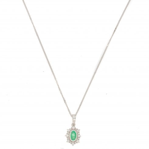 White Gold Emerald & Diamond Cluster Pendant