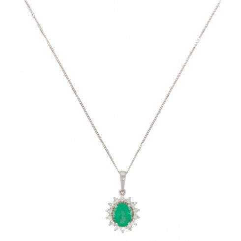 White Gold Emerald & Diamond Cluster Pendant
