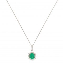 White Gold Emerald & Diamond Cluster Pendant