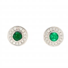 White Gold Emerald & Diamond Halo Cluster Earrings
