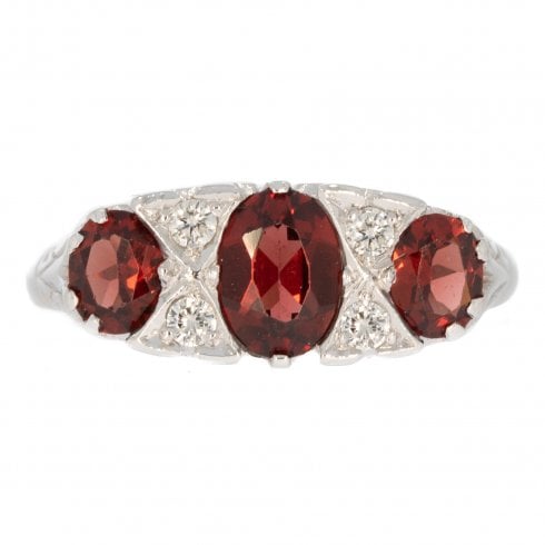White Gold Garnet & Diamond Three Stone Ring
