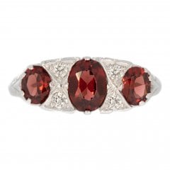 White Gold Garnet & Diamond Three Stone Ring