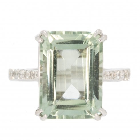 White Gold Green Amethyst & Diamond Ring