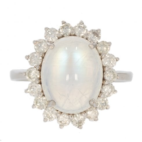 White Gold Moonstone & Diamond Cluster Ring