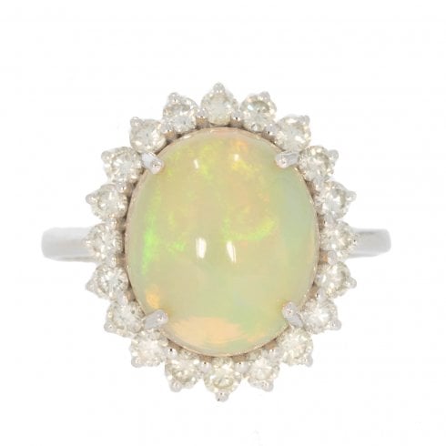 White Gold Opal & Diamond Cluster Ring
