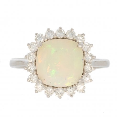 White Gold Opal & Diamond Cluster Ring