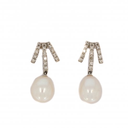 White Gold Pearl & Diamond Drop Earrings