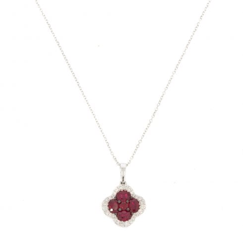 White Gold Ruby & Diamond Clover Pendant