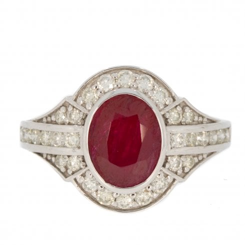 White Gold Ruby & Diamond Cluster Ring