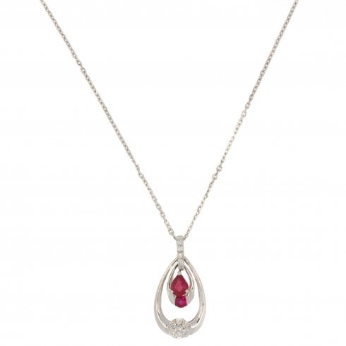 White Gold Ruby & Diamond Drop Pendant
